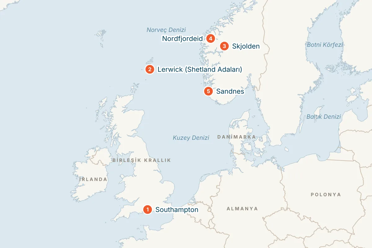 MSC Meraviglia ile Southampton Kalkışlı 7 Gece Norveç Fiyortları Gemi Turu (Sadece Gemi) rota haritası