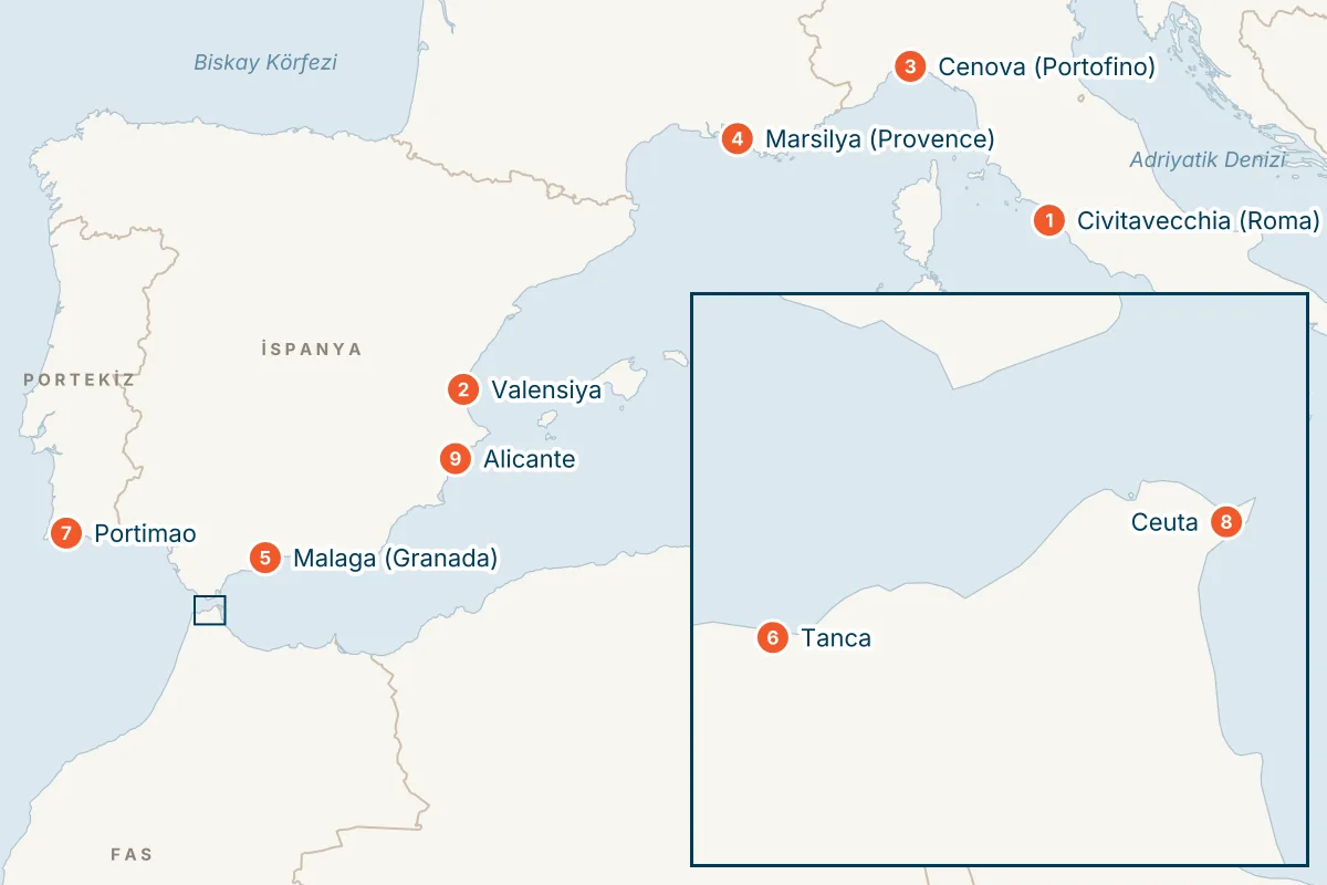 MSC Sinfonia ile Civitavecchia Kalkışlı 13 Gece Batı Akdeniz Gemi Turu (Sadece Gemi) rota haritası