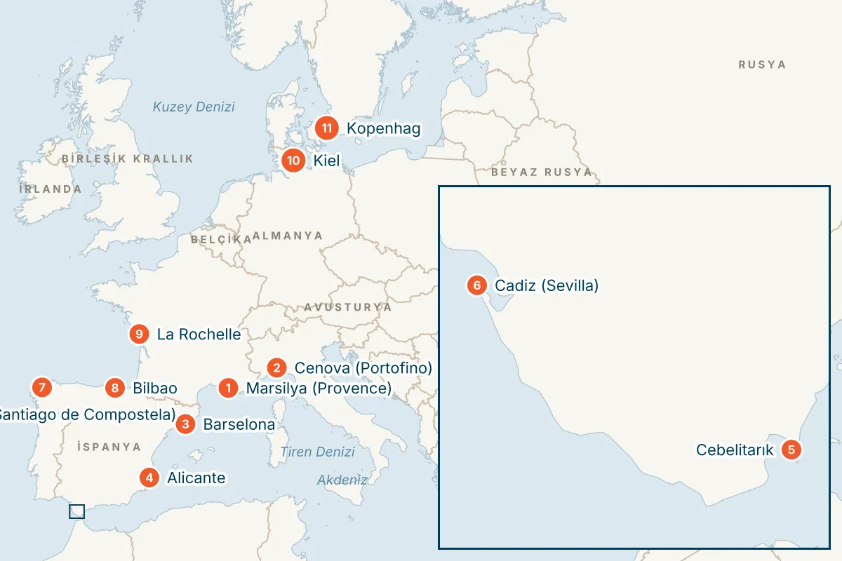 MSC Euribia ile Marsilya Kalkışlı 14 Gece Akdeniz ve Kuzey Avrupa Gemi Turu (Sadece Gemi) rota haritası