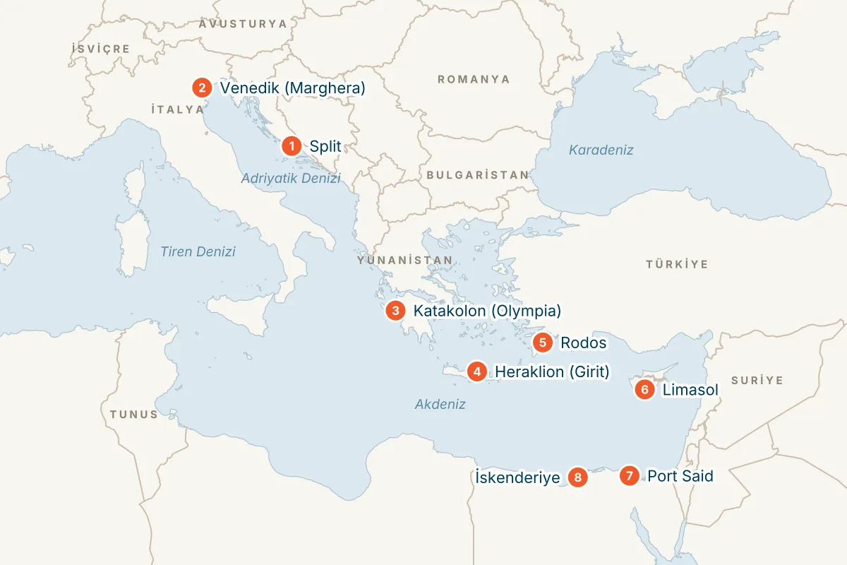 MSC Lirica ile Split Kalkışlı 11 Gece Doğu Akdeniz Gemi Turu (Sadece Gemi) rota haritası