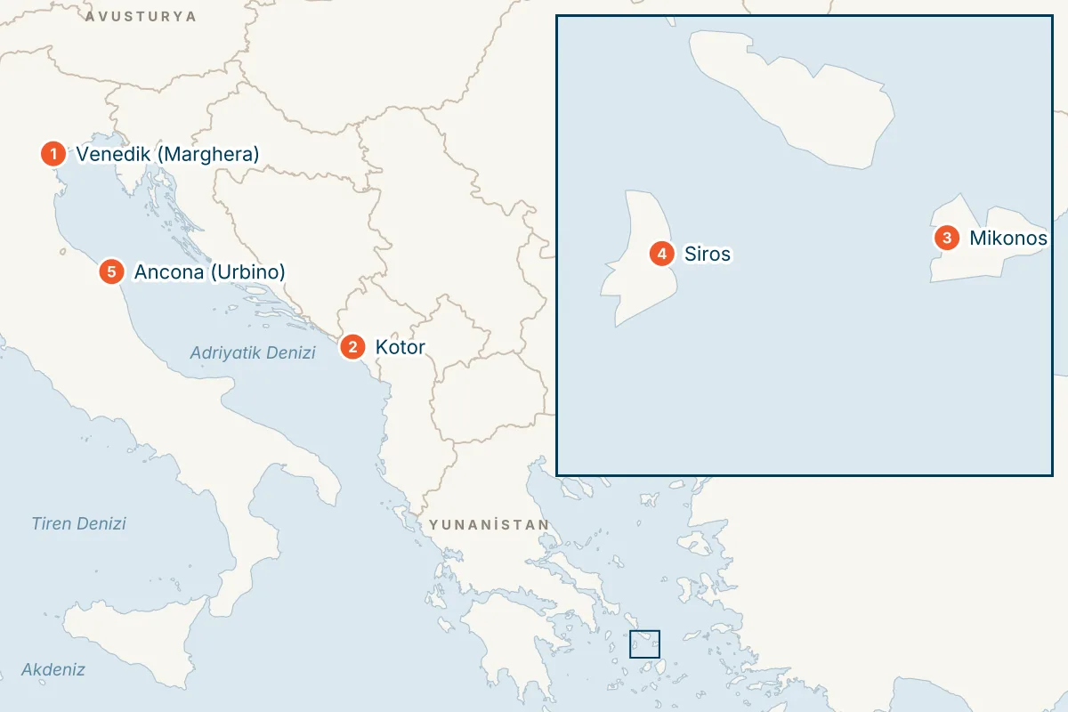 MSC Lirica ile Venedik Kalkışlı 6 Gece Doğu Akdeniz Gemi Turu (Sadece Gemi) rota haritası