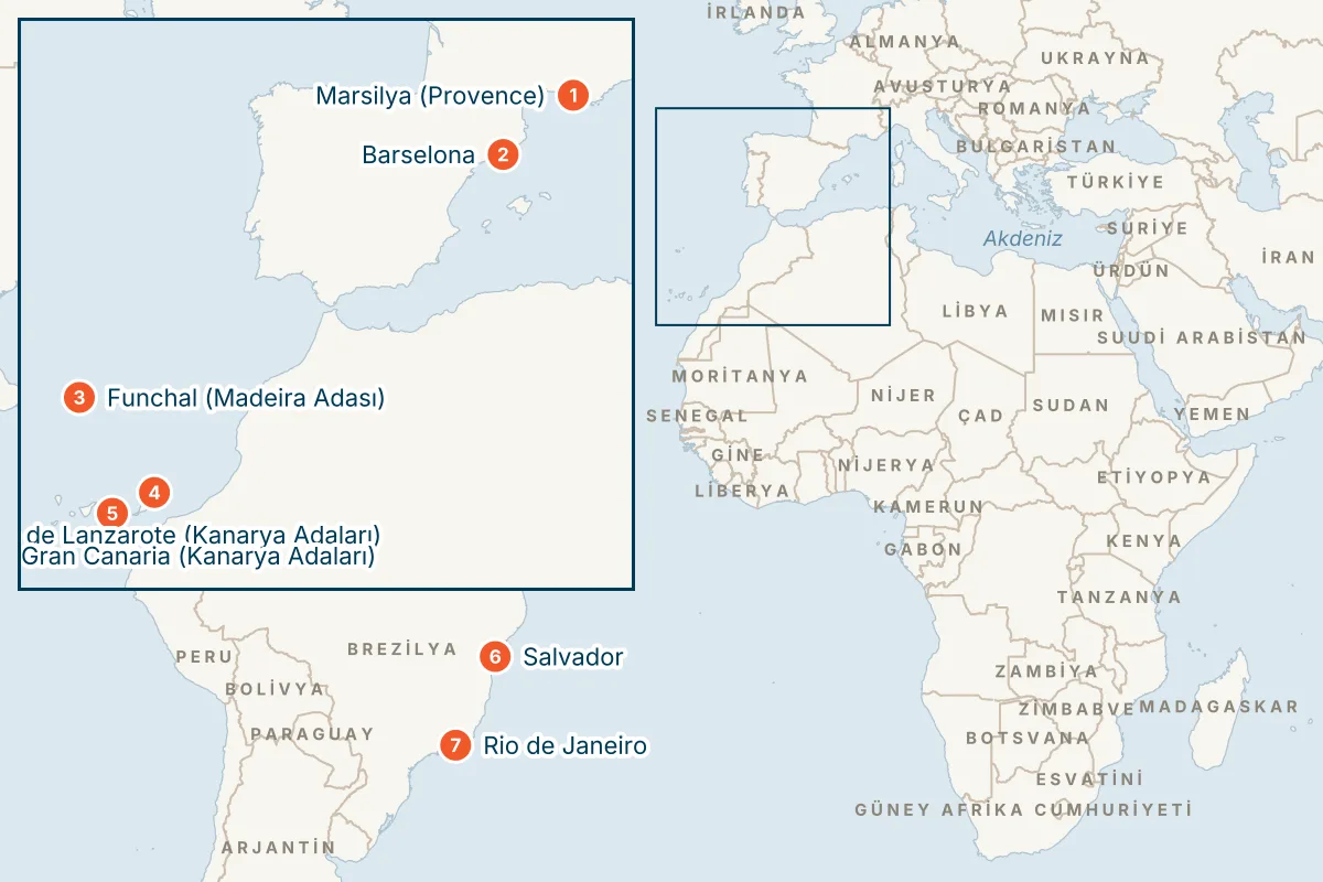 MSC Virtuosa ile Marsilya Kalkışlı 16 Gece Güney Amerika Gemi Turu (Sadece Gemi) rota haritası