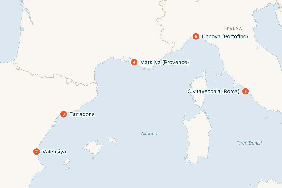 MSC Sinfonia ile Civitavecchia Kalkışlı 5 Gece Akdeniz Gemi Turu (Sadece Gemi) rota haritası