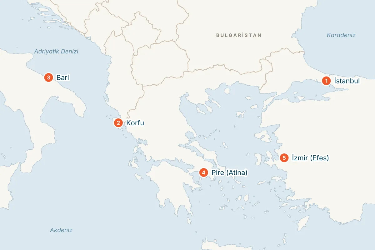 MSC Orchestra ile İstanbul Kalkışlı Ege ve Adriyatik Gemi Turu (Kasım–Aralık) rota haritası