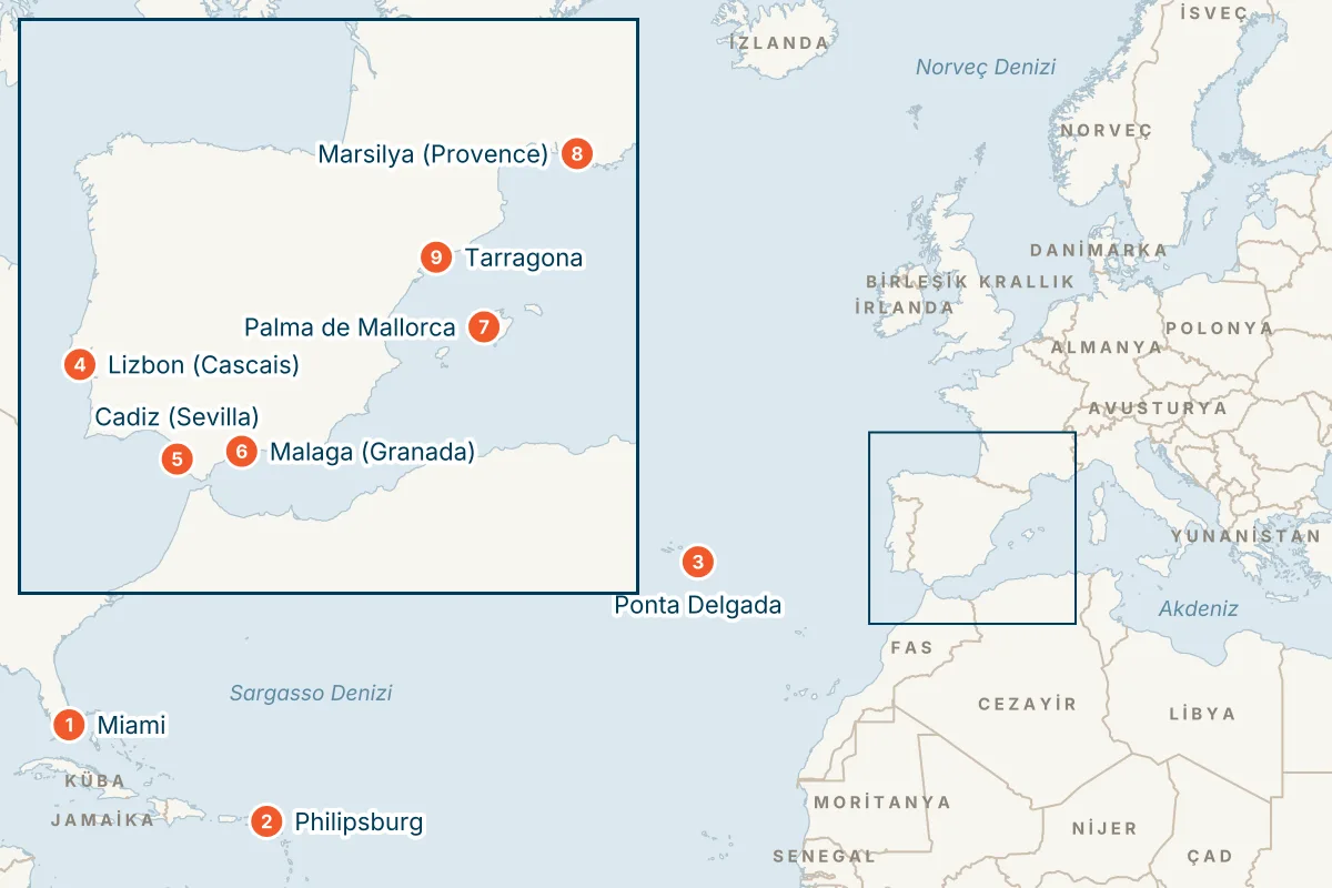 MSC Meraviglia ile Miami Kalkışlı 17 Gece Transatlantik Gemi Turu (Sadece Gemi) rota haritası