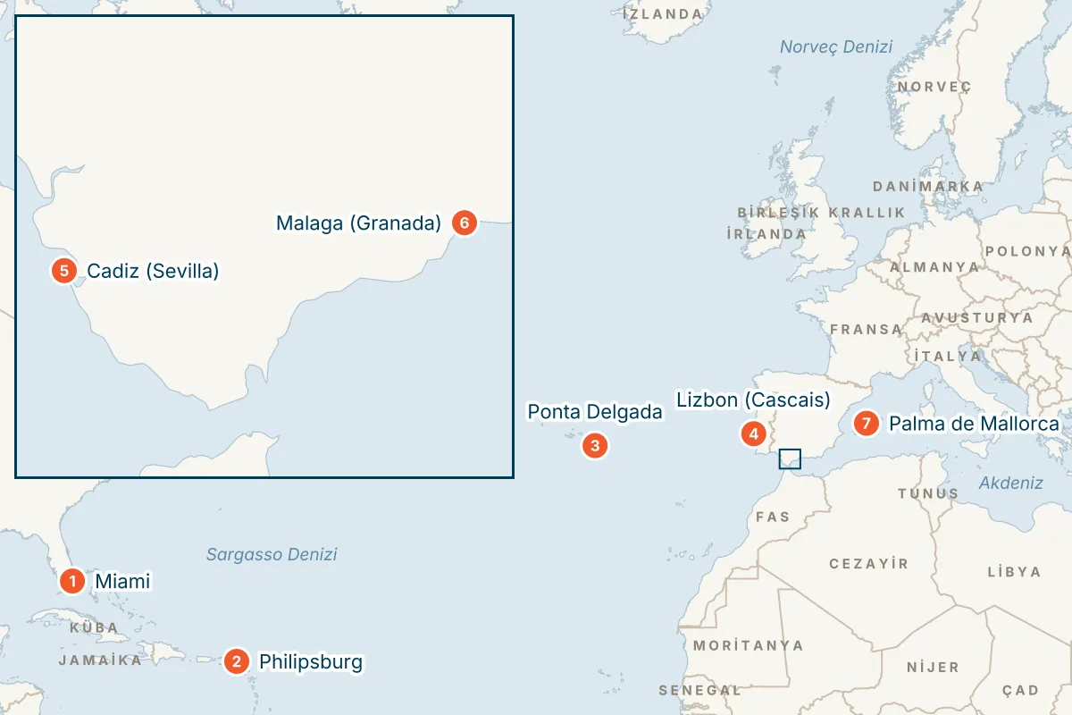 MSC Meraviglia ile Miami Kalkışlı 15 Gece Transatlantik Gemi Turu (Sadece Gemi) rota haritası