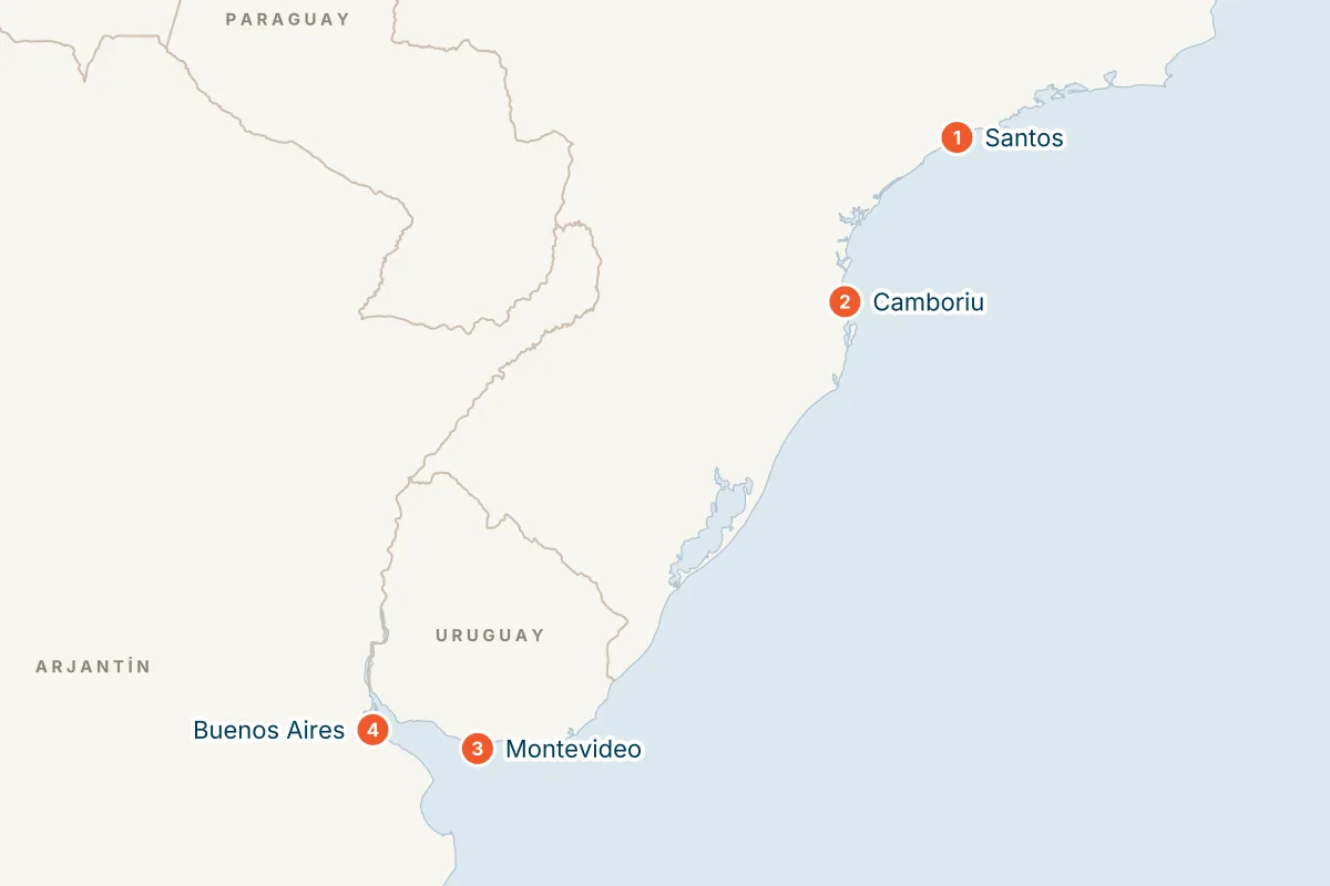 MSC Seaview ile Santos Kalkışlı 7 Gece Güney Amerika Gemi Turu (Sadece Gemi) rota haritası