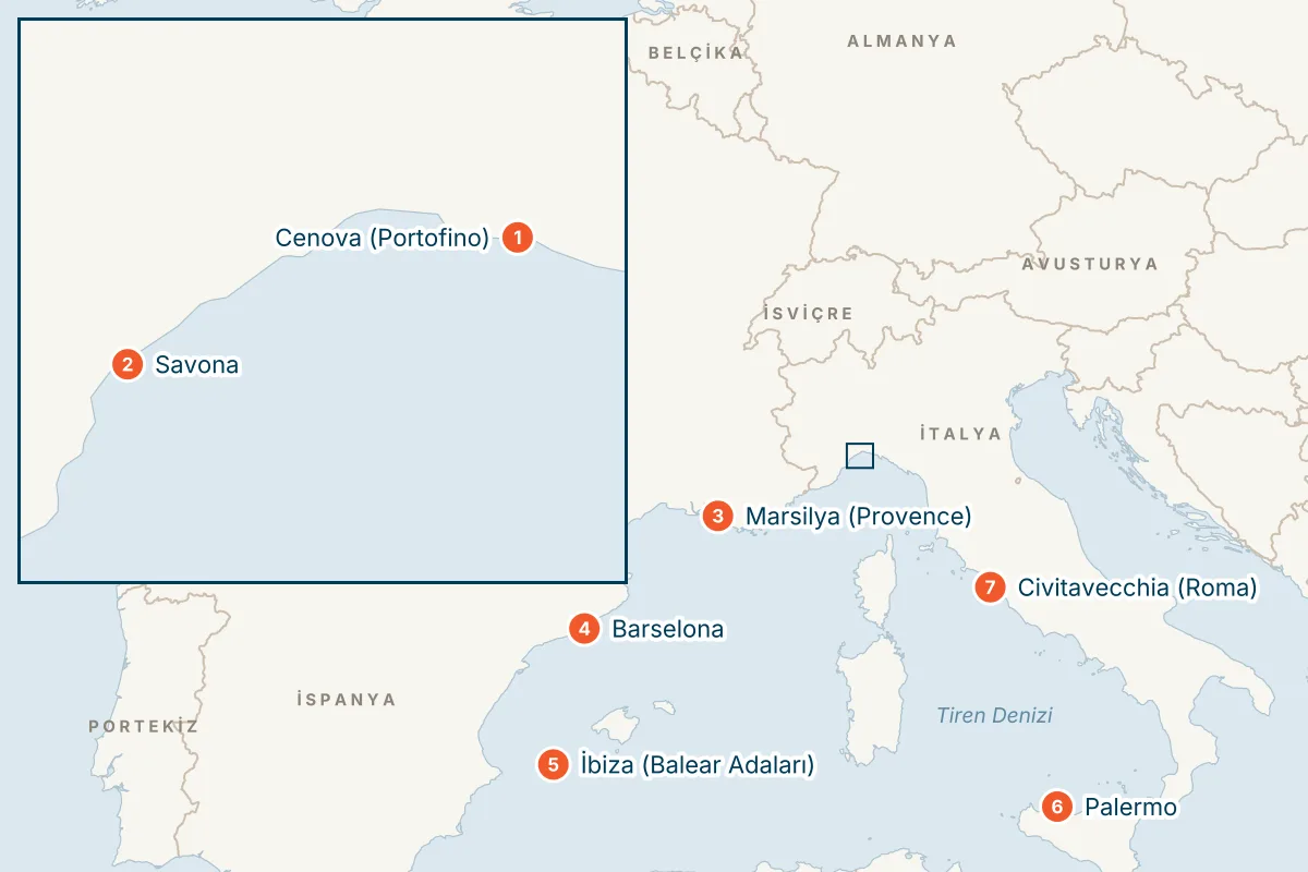 Costa Toscana ile Balear Adaları & Batı Akdeniz - 8 Gece - THY - Kurban Bayramı rota haritası