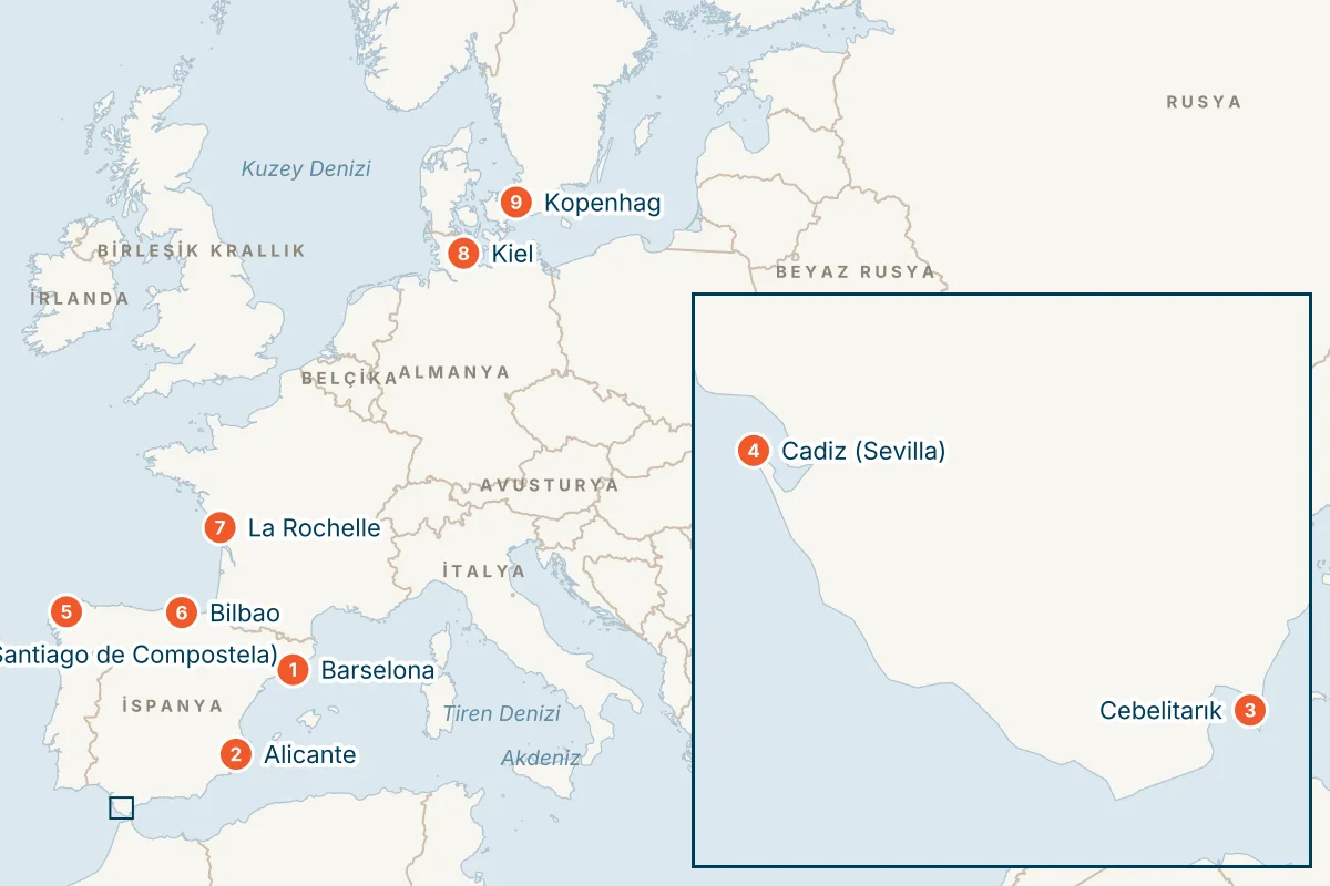 MSC Euribia ile Barselona Kalkışlı 11 Gece Akdeniz ve Kuzey Avrupa Gemi Turu (Sadece Gemi) rota haritası