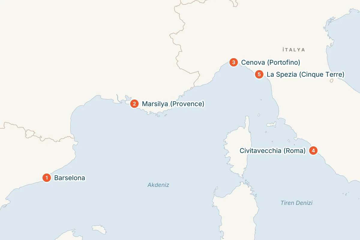 MSC World Europa ile Barselona Kalkışlı 5 Gece Batı Akdeniz Gemi Turu (Sadece Gemi) rota haritası
