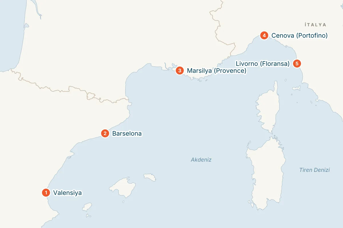 MSC Sinfonia ile Valensiya Kalkışlı 6 Gece Batı Akdeniz Gemi Turu (Sadece Gemi) rota haritası