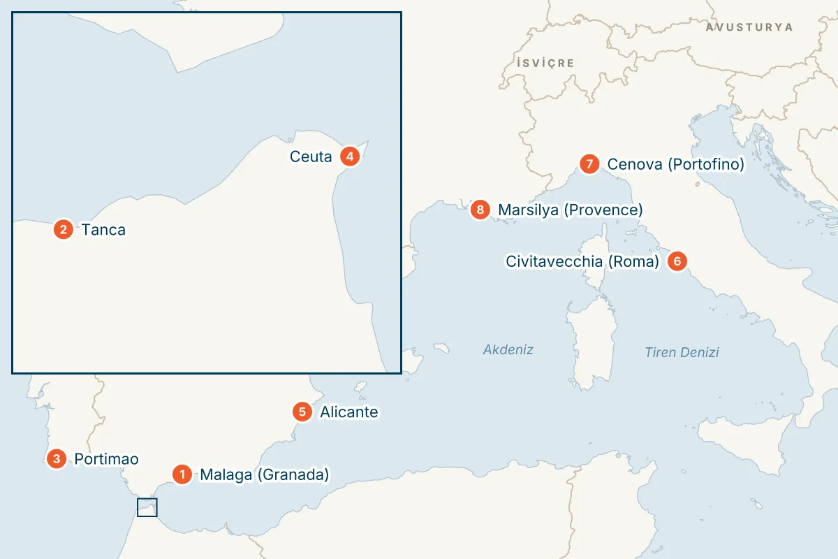 MSC Sinfonia ile Malaga Kalkışlı 10 Gece Batı Akdeniz Gemi Turu (Sadece Gemi) rota haritası