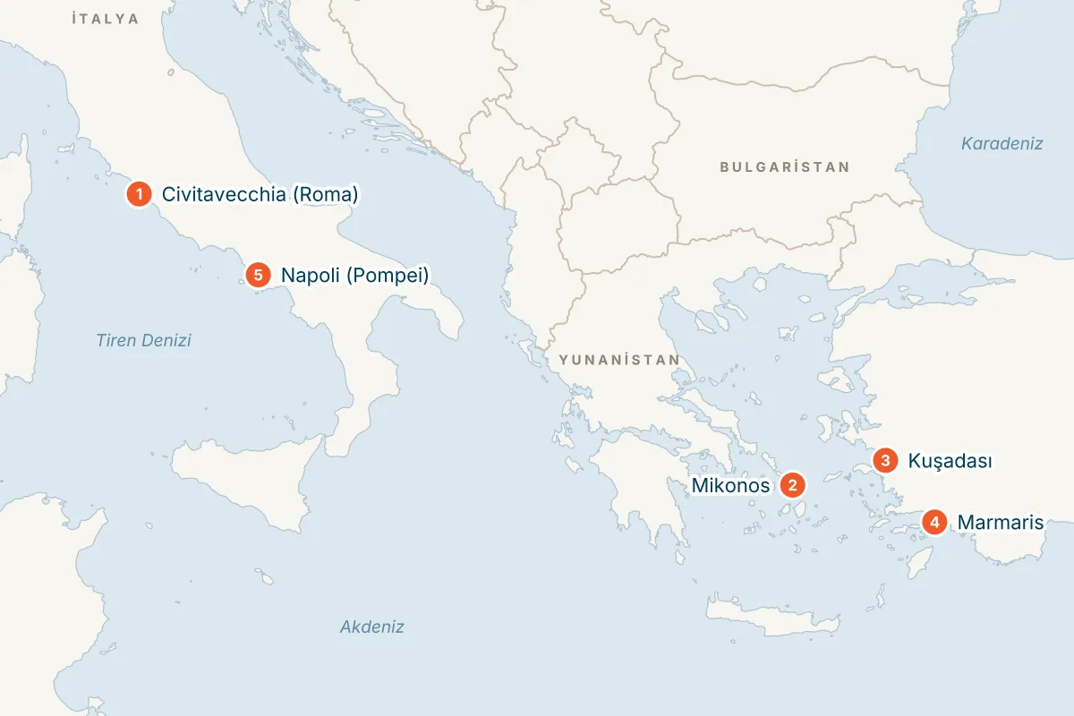 MSC Divina ile Civitavecchia Kalkışlı 7 Gece Doğu Akdeniz Gemi Turu (Sadece Gemi) rota haritası