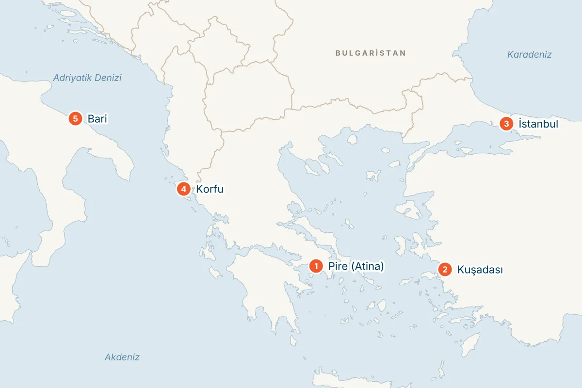 MSC Lirica ile Pire Kalkışlı 7 Gece Doğu Akdeniz Gemi Turu (Sadece Gemi) rota haritası