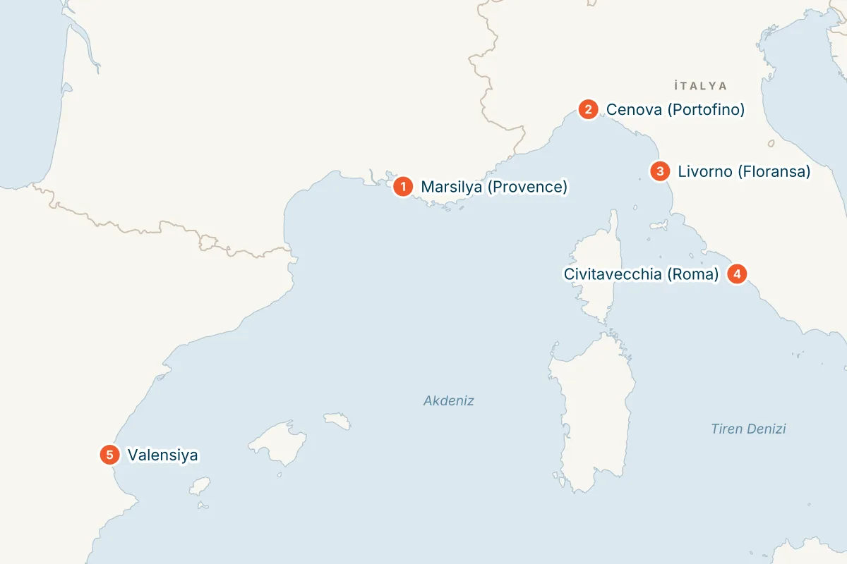 MSC Sinfonia ile Marsilya Kalkışlı 5 Gece Batı Akdeniz Gemi Turu (Sadece Gemi) rota haritası