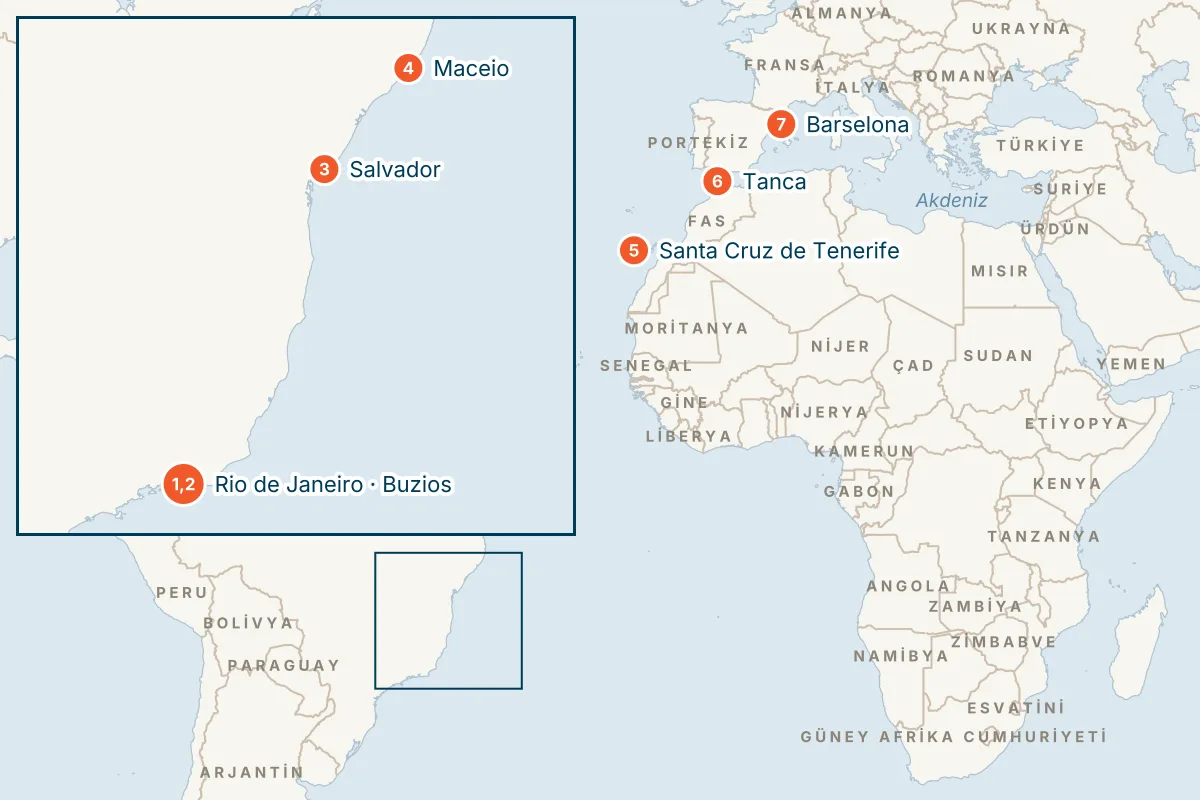 MSC Virtuosa ile Rio de Janeiro Kalkışlı 16 Gece Güney Amerika Gemi Turu (Sadece Gemi) rota haritası