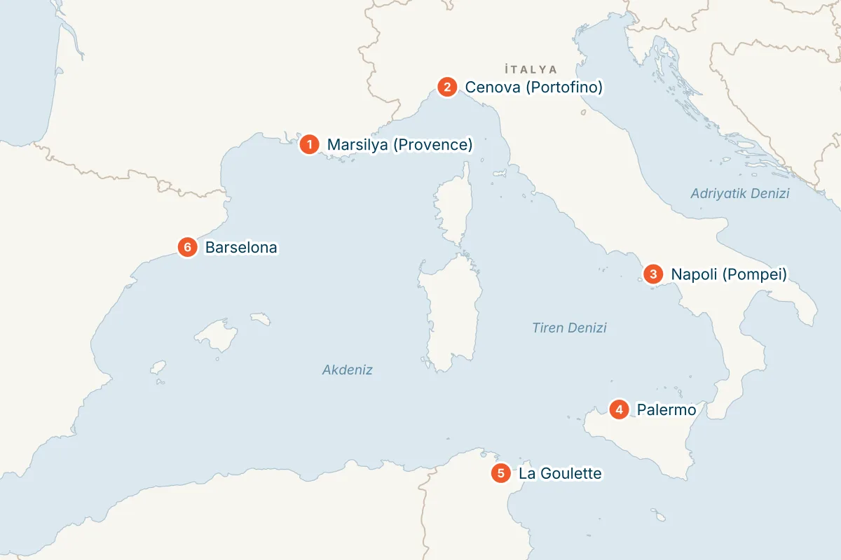 MSC Euribia ile Marsilya Kalkışlı 7 Gece Batı Akdeniz Gemi Turu (Sadece Gemi) rota haritası