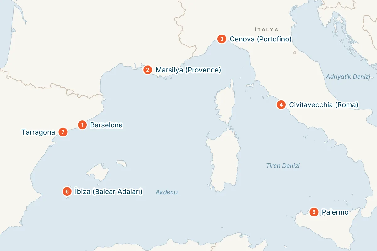 MSC Seaview ile Barselona Kalkışlı 7 Gece Batı Akdeniz Gemi Turu (Sadece Gemi) rota haritası