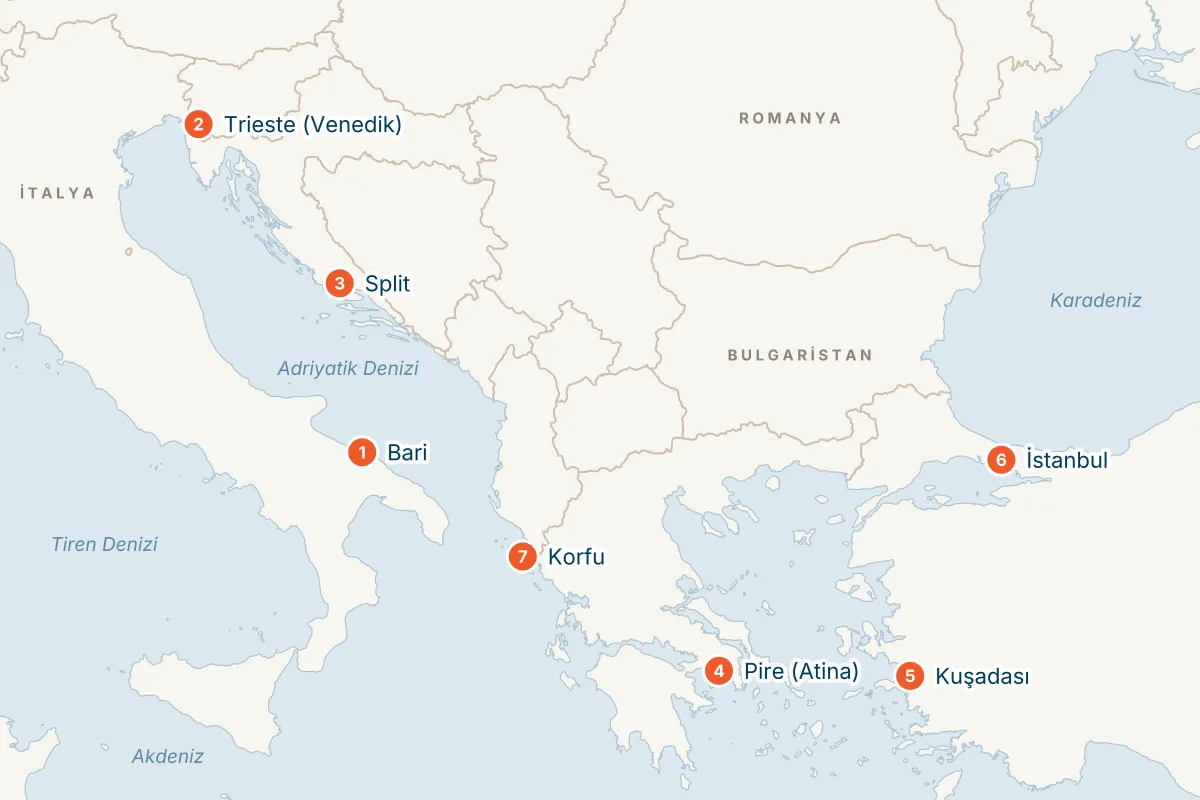 MSC Splendida ile Bari Kalkışlı 9 Gece Doğu Akdeniz Gemi Turu (Sadece Gemi) rota haritası