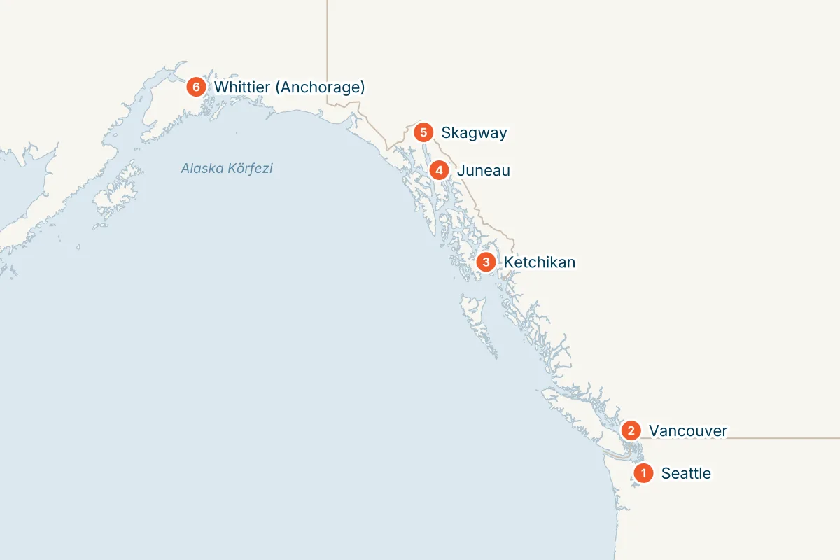 Discovery Princess ile Alaska & Kanada Turu rota haritası