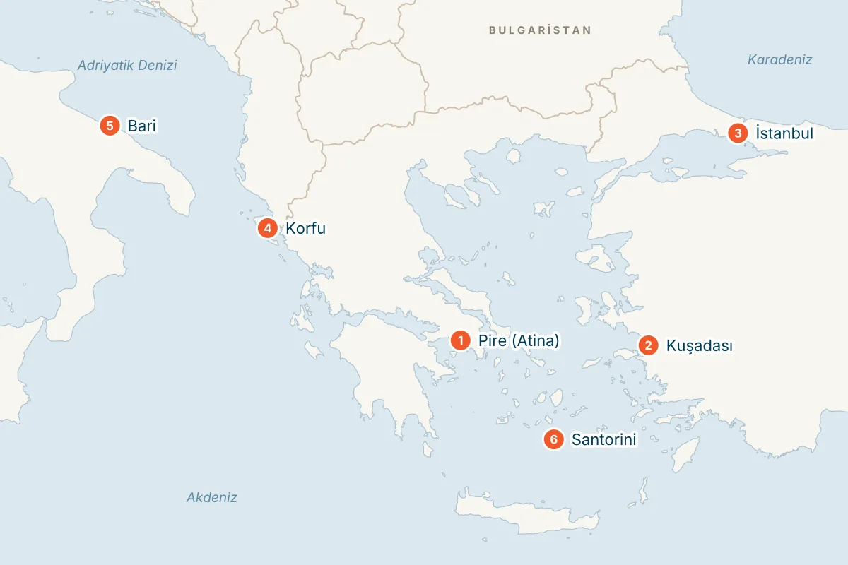 MSC Orchestra ile Pire Kalkışlı 8 Gece Doğu Akdeniz Gemi Turu (Sadece Gemi) rota haritası