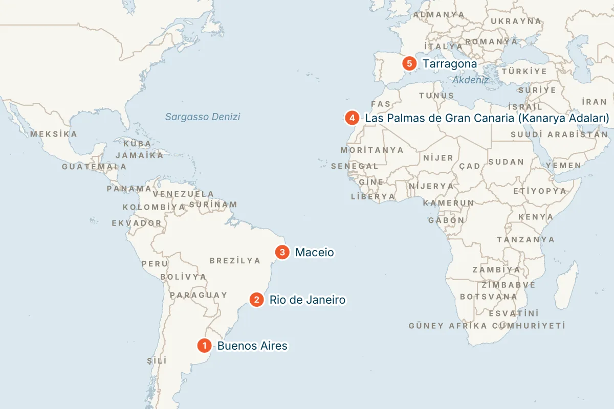 MSC Splendida ile Buenos Aires Kalkışlı 16 Gece Güney Amerika Gemi Turu (Sadece Gemi) rota haritası