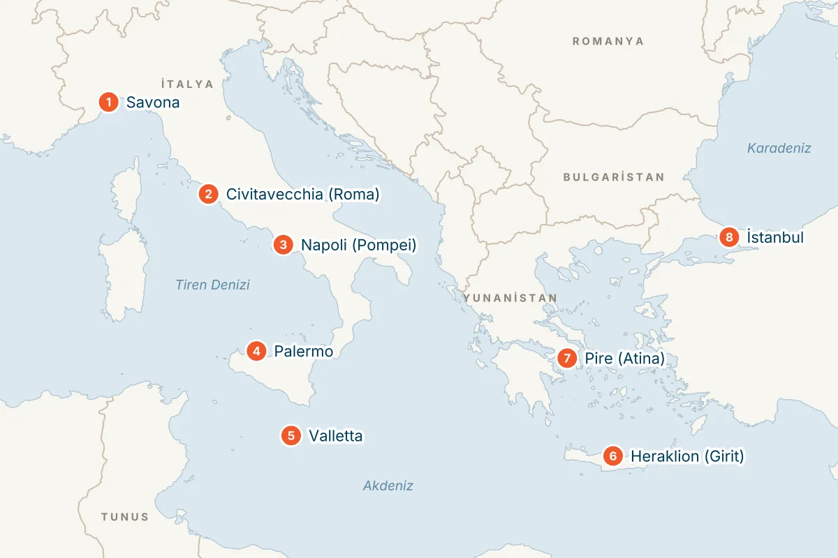 Costa Pacifica ile İstanbul Bitişli Batı Akdeniz - 9 Gece - THY rota haritası