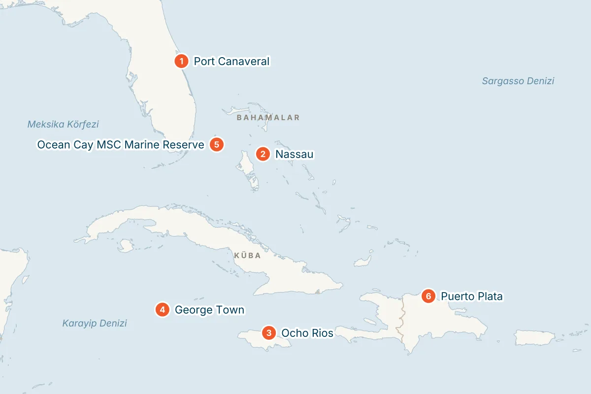 MSC Seashore ile Port Canaveral Kalkışlı 14 Gece Batı Karayipler Gemi Turu (Sadece Gemi) rota haritası
