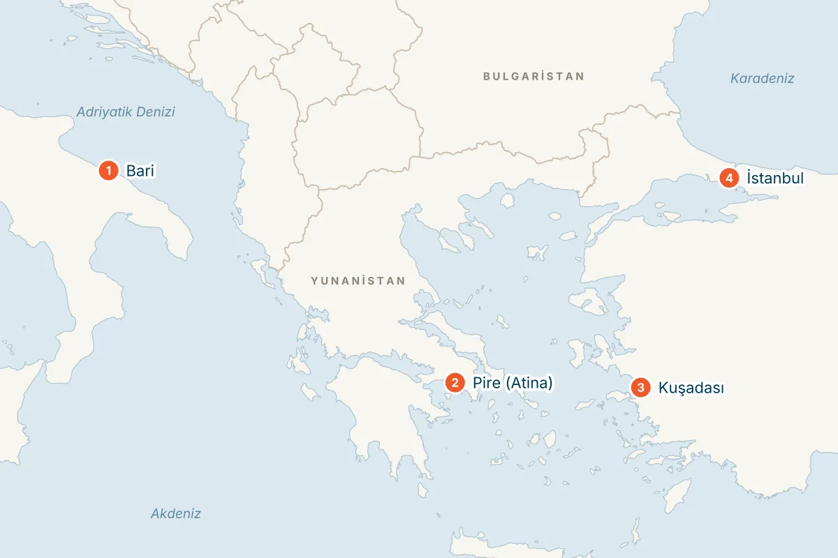 MSC Lirica ile Bari Kalkışlı 4 Gece Doğu Akdeniz Gemi Turu (Sadece Gemi) rota haritası