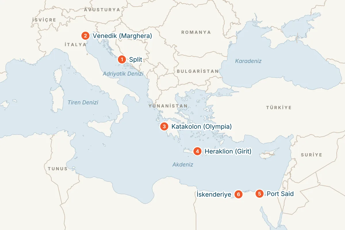 MSC Lirica ile Split Kalkışlı 10 Gece Doğu Akdeniz Gemi Turu (Sadece Gemi) rota haritası