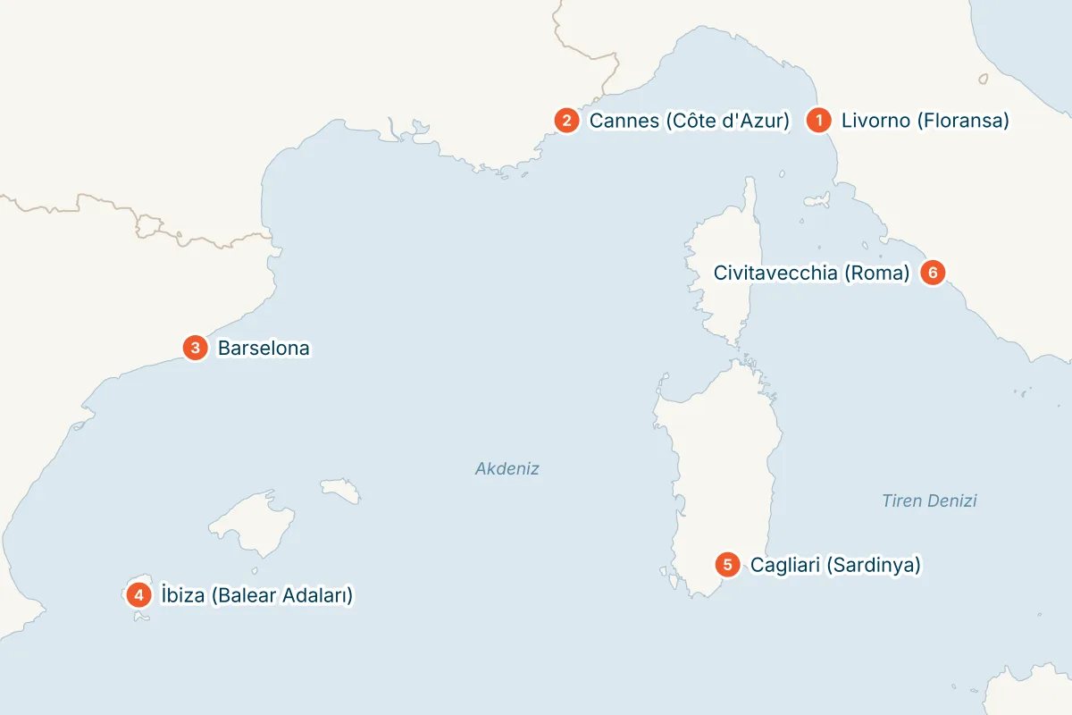 MSC Fantasia ile Livorno Kalkışlı 7 Gece Batı Akdeniz Gemi Turu (Sadece Gemi) rota haritası