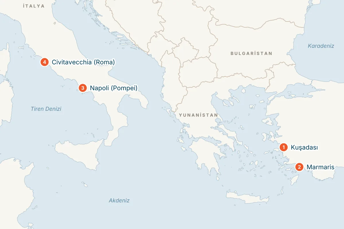MSC Divina ile Kuşadası'ndan Roma'ya Gemi Turu rota haritası