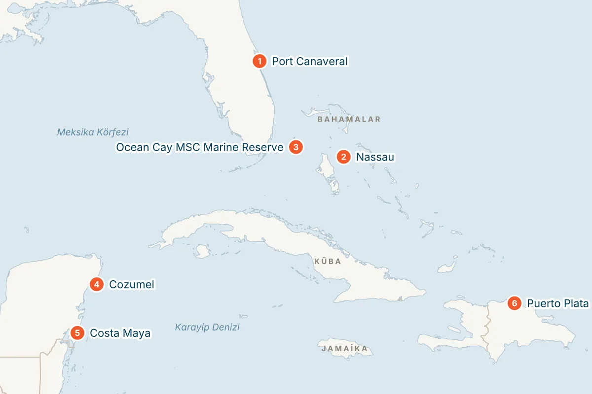 MSC Grandiosa ile Port Canaveral Kalkışlı 14 Gece Batı Karayipler Gemi Turu (Sadece Gemi) rota haritası