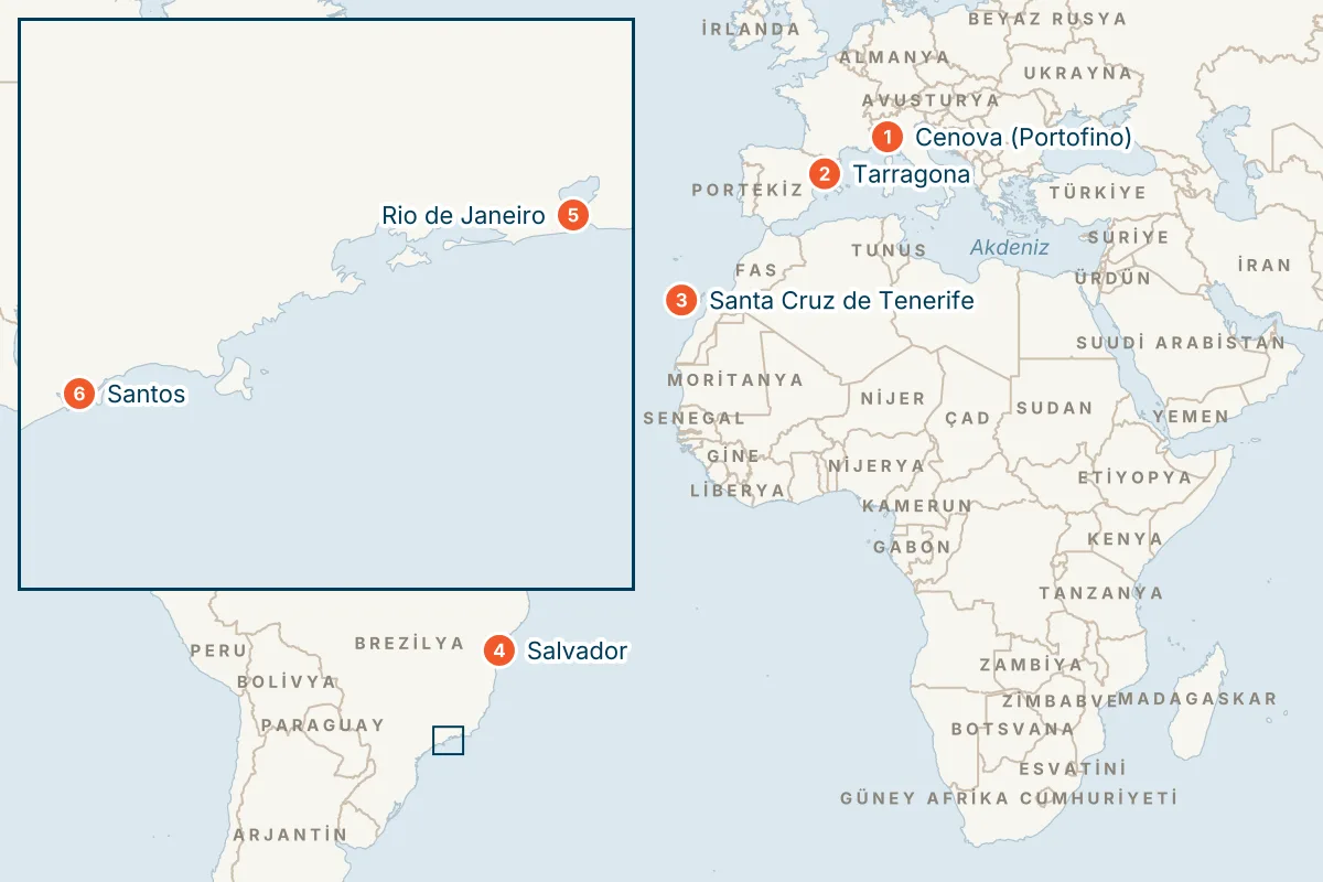 MSC Divina ile Cenova Kalkışlı 16 Gece Güney Amerika Gemi Turu (Sadece Gemi) rota haritası
