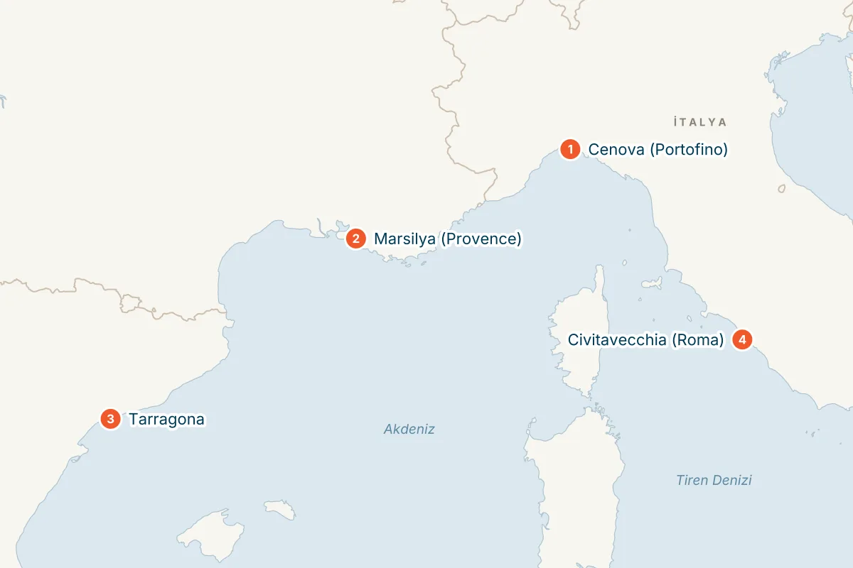 MSC Magnifica ile Cenova Kalkışlı 5 Gece Doğu Akdeniz Gemi Turu (Sadece Gemi) rota haritası