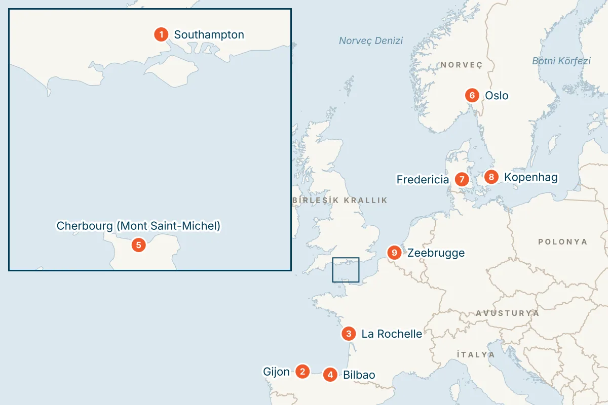 MSC Meraviglia ile Southampton Kalkışlı 14 Gece Kuzey Avrupa Gemi Turu (Sadece Gemi) rota haritası