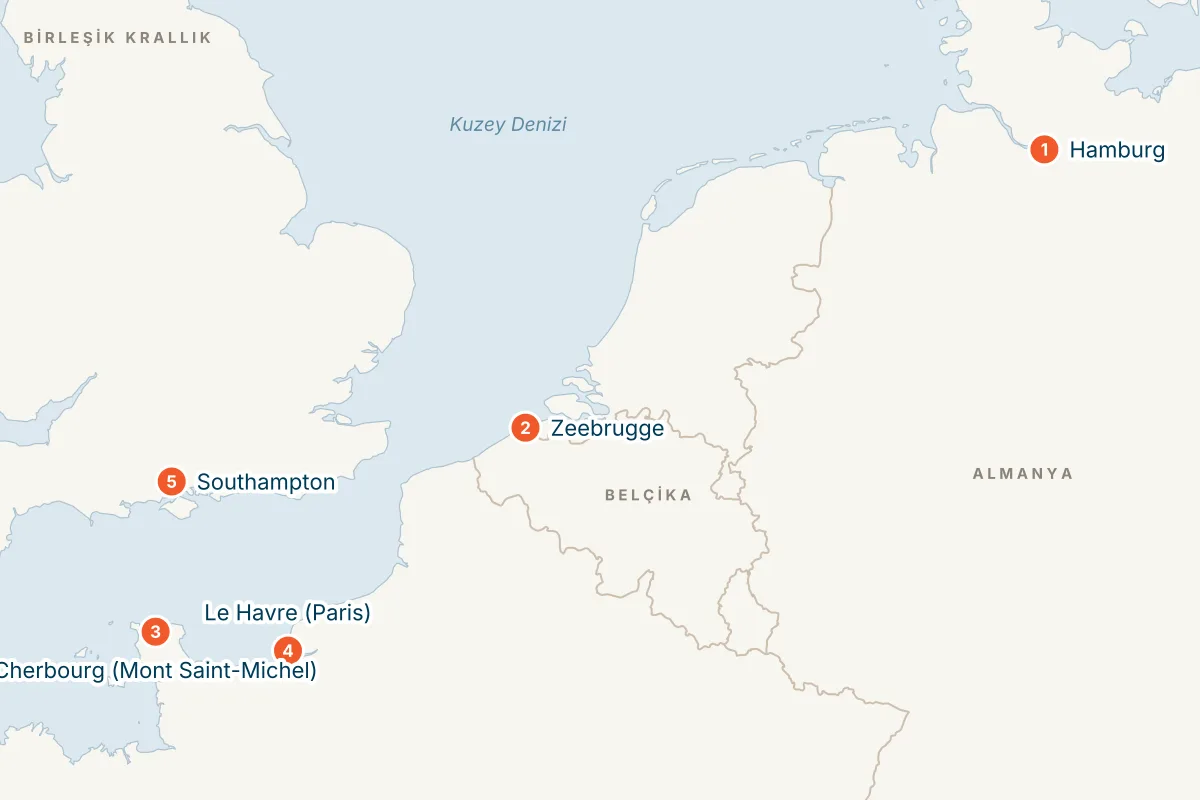 MSC Preziosa ile Hamburg Kalkışlı 7 Gece Kuzey Avrupa Gemi Turu (Sadece Gemi) rota haritası