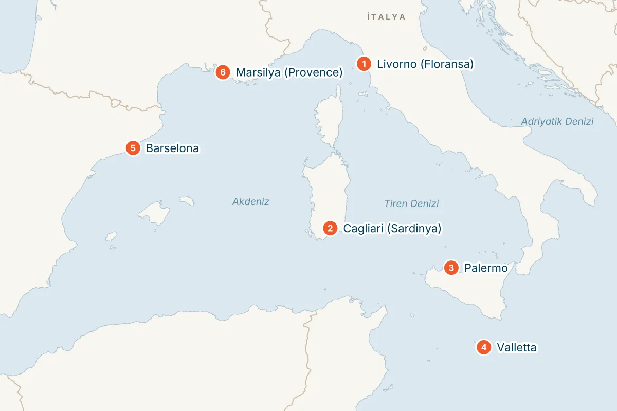 MSC Splendida ile Livorno Kalkışlı 7 Gece Batı Akdeniz Gemi Turu (Sadece Gemi) rota haritası
