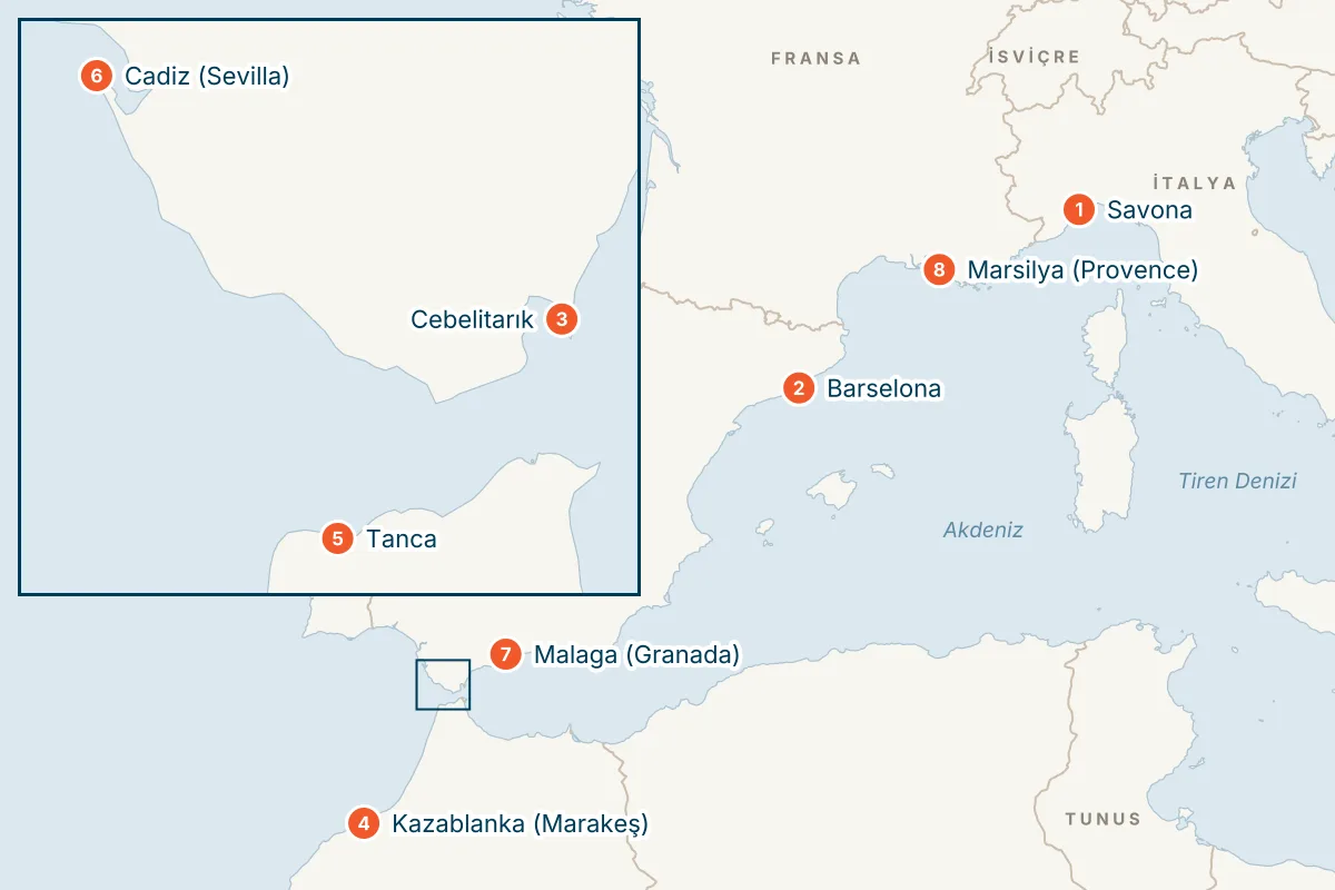 Costa Fascinosa ile Batı Akdeniz - 10 Gece - THY rota haritası