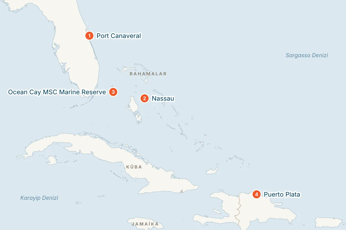 MSC Grandiosa ile Port Canaveral Kalkışlı 7 Gece Doğu Karayipler Gemi Turu (Sadece Gemi) rota haritası
