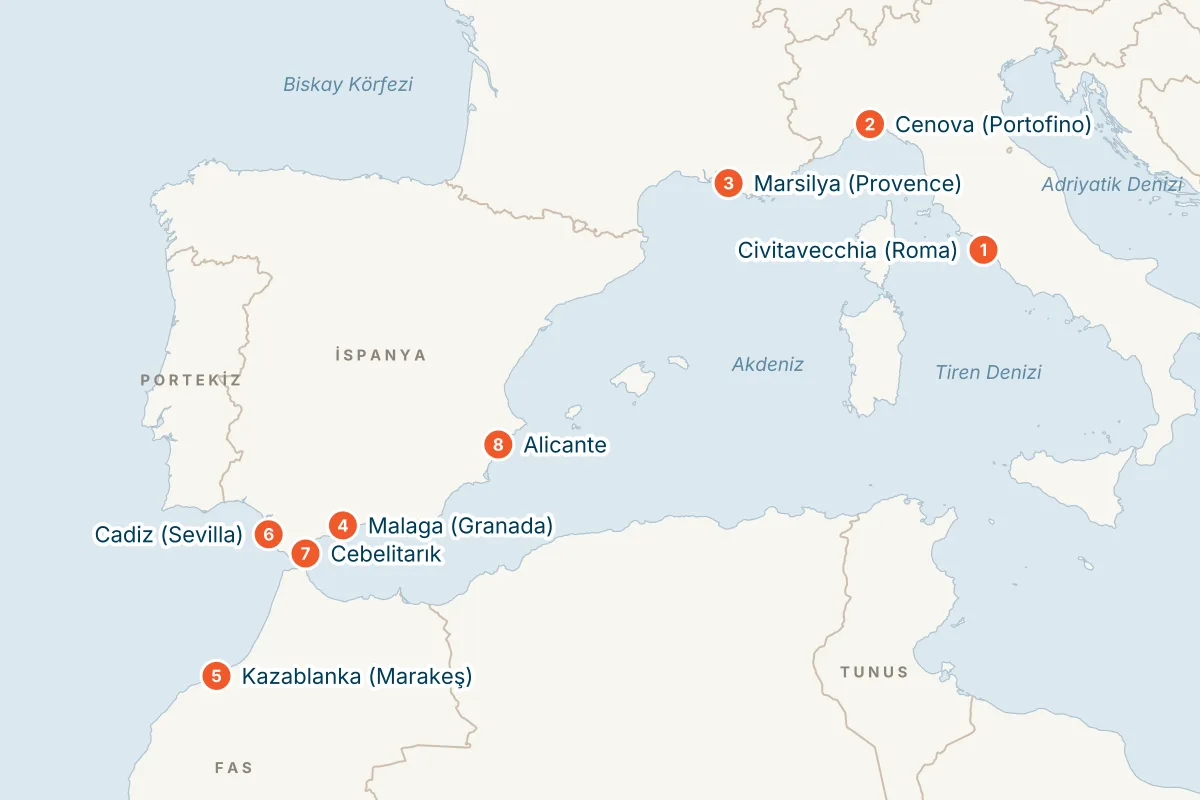 MSC Sinfonia ile Civitavecchia Kalkışlı 10 Gece Batı Akdeniz Gemi Turu (Sadece Gemi) rota haritası