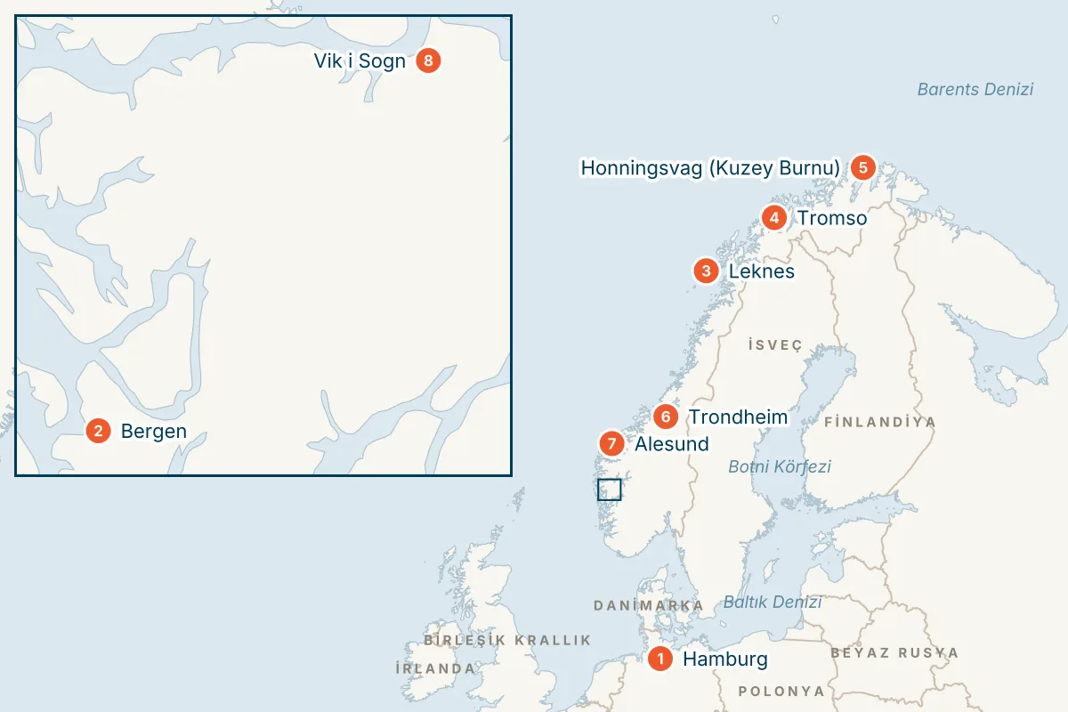 Costa Favolosa ile Baştan Sona Norveç Fiyortları & North Cape - 12 Gece - Pegasus rota haritası