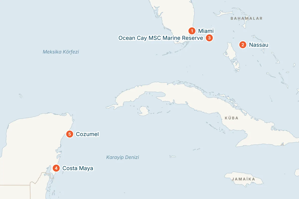 MSC Seaside ile Miami Kalkışlı 9 Gece Bahamalar Gemi Turu (Sadece Gemi) rota haritası