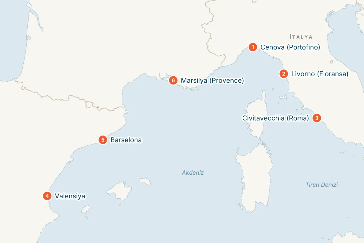 MSC Sinfonia ile Cenova Kalkışlı 7 Gece Batı Akdeniz Gemi Turu (Sadece Gemi) rota haritası