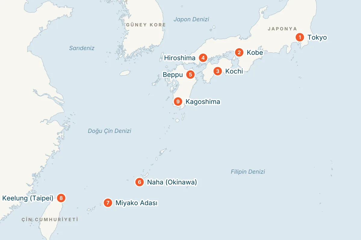 MSC Bellissima ile Tokyo Kalkışlı 13 Gece Japonya ve Kore Gemi Turu (Sadece Gemi) rota haritası