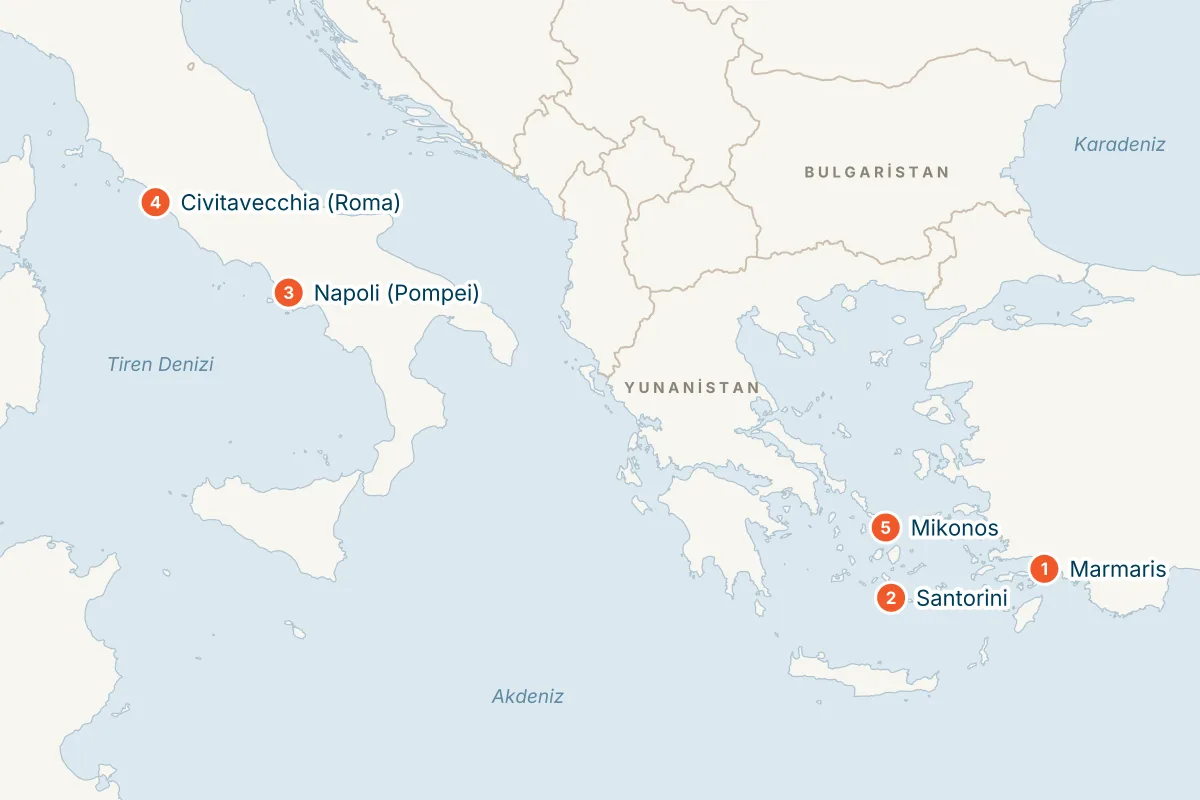 MSC Divina ile Marmaris Kalkışlı 7 Gece İtalya, Santorini ve Mikonos (İlkbahar) rota haritası