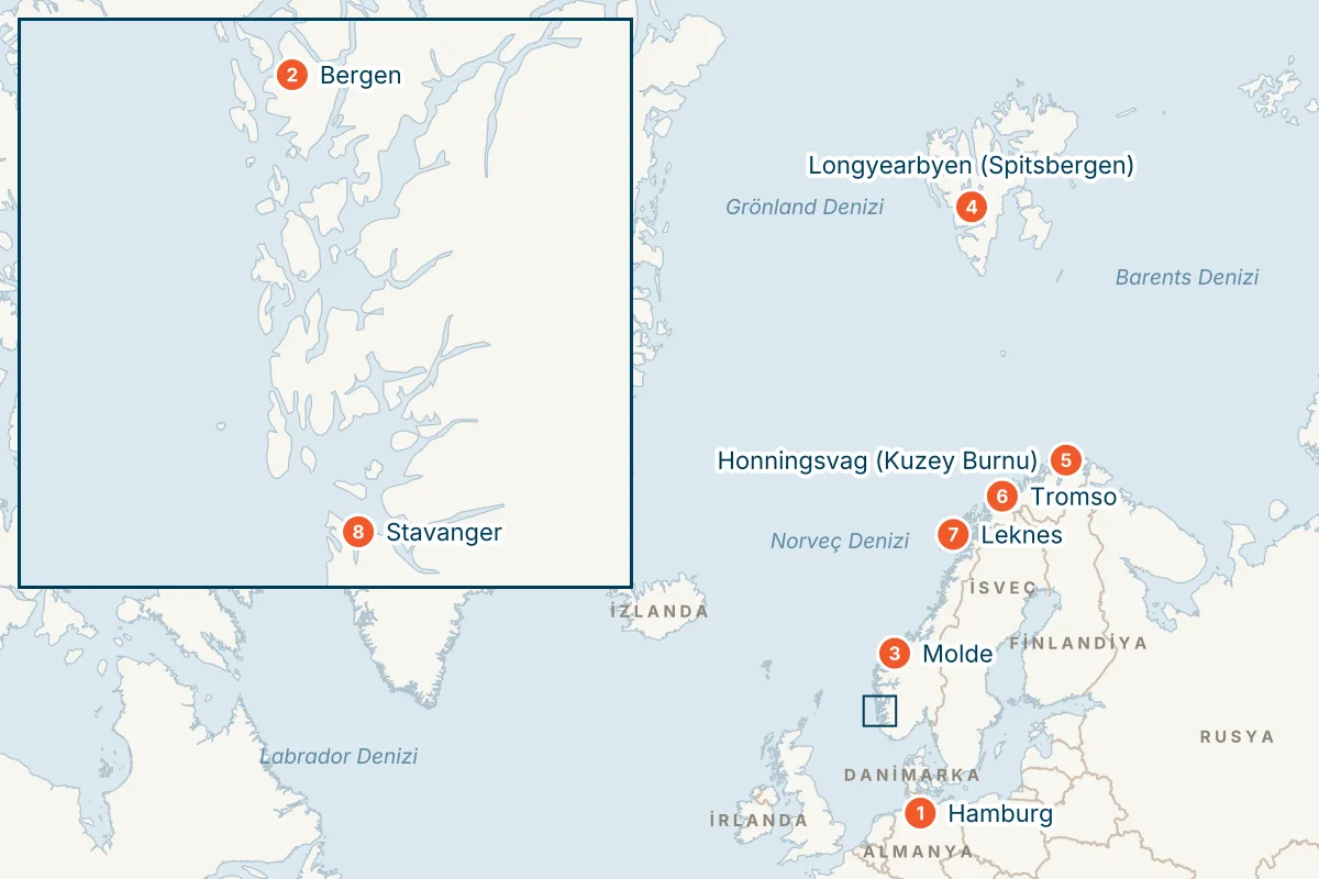 MSC Preziosa ile Hamburg Kalkışlı 14 Gece Norveç Fiyortları Gemi Turu (Sadece Gemi) rota haritası