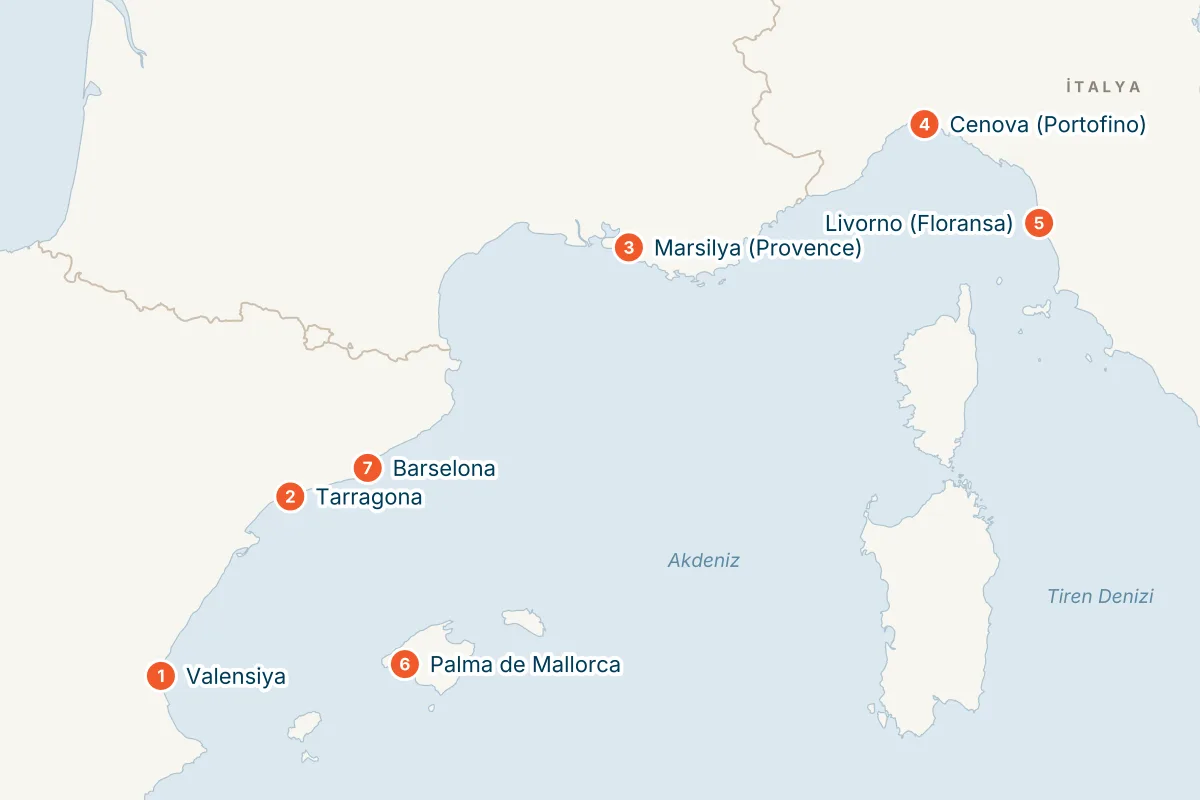 MSC Sinfonia ile Valensiya Kalkışlı 8 Gece Batı Akdeniz Gemi Turu (Sadece Gemi) rota haritası